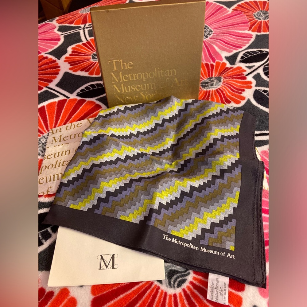 Metropolitan Museum of Art silk scarf in original box and tissue paper.
